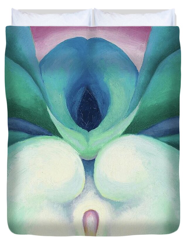 Georgia O'keeffe Duvet Cover featuring the painting White and blue blower shapes - abstract modernist painting by Georgia O'Keeffe