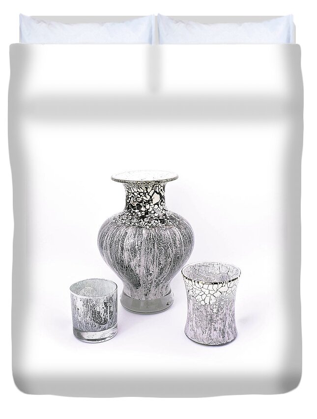White Duvet Cover featuring the glass art White and Gray Set of Three by Christopher Schranck