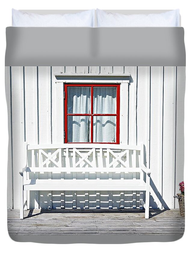 Bench Press Duvet Cover featuring the photograph White Bench by Thomas Schroeder