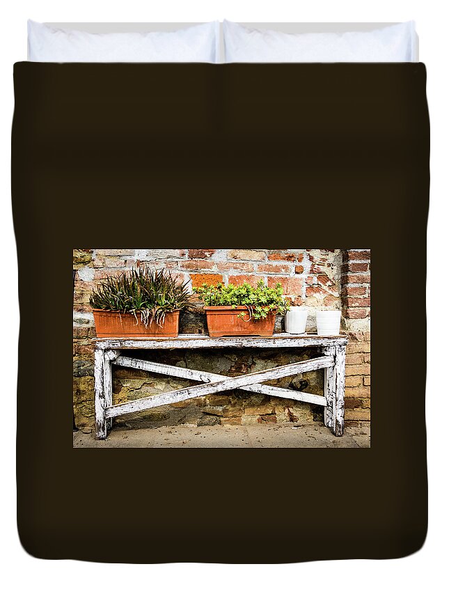 Italy Duvet Cover featuring the photograph White bench with planters by Craig A Walker
