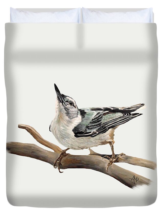 White-breasted Nuthatch Duvet Cover featuring the painting White-breasted Nuthatch by Angeles M Pomata