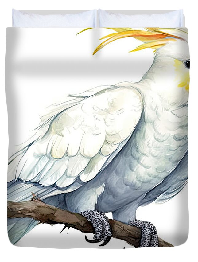 Watercolor Duvet Cover featuring the painting White Cockatoo, Parrot On An Isolated White Background, Watercol by N Akkash