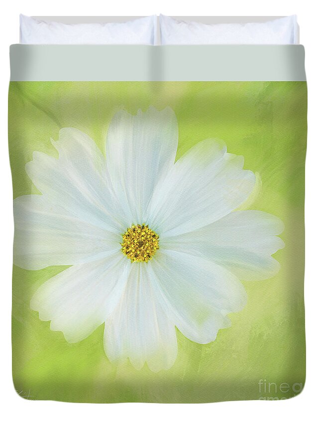 Cosmos Duvet Cover featuring the mixed media White Cosmos Dreams II by Shari Warren