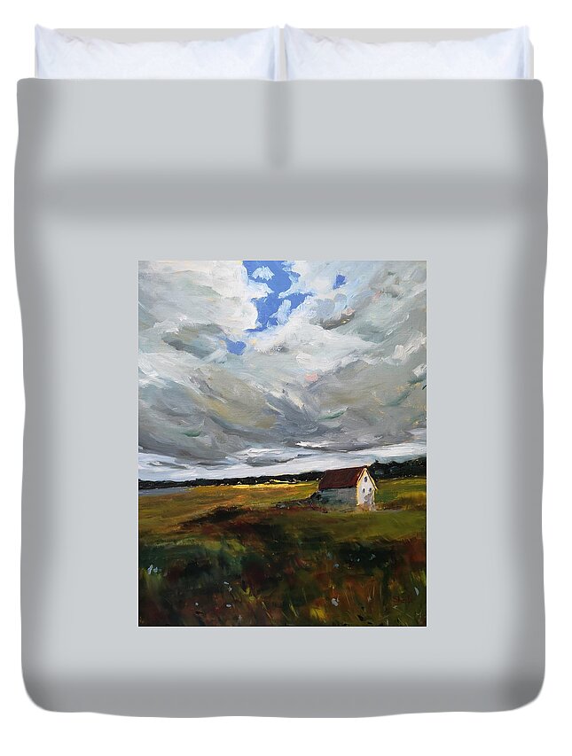 New Brunswick Duvet Cover featuring the painting White Cottage by Sheila Romard