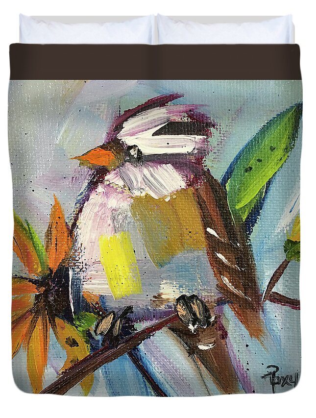 Sparrow Duvet Cover featuring the painting White Crowned Sparrow on a Sunflower by Roxy Rich