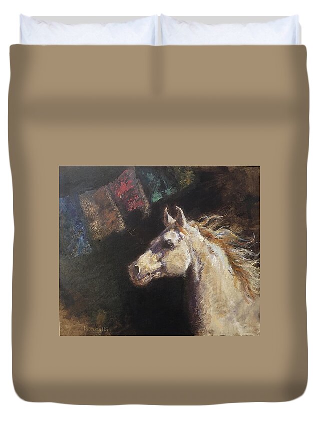 Horses Duvet Cover featuring the painting White Horse with Prayer Flags by Ellen Dreibelbis