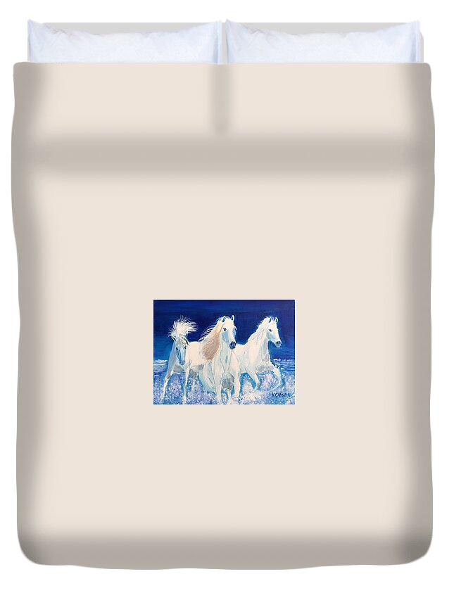 Pets Duvet Cover featuring the painting White Horses on Beach by Kathie Camara
