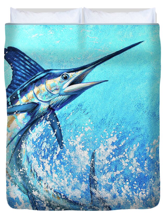 White Marlin Art Duvet Cover featuring the painting White Marlin Wide Open by Guy Crittenden