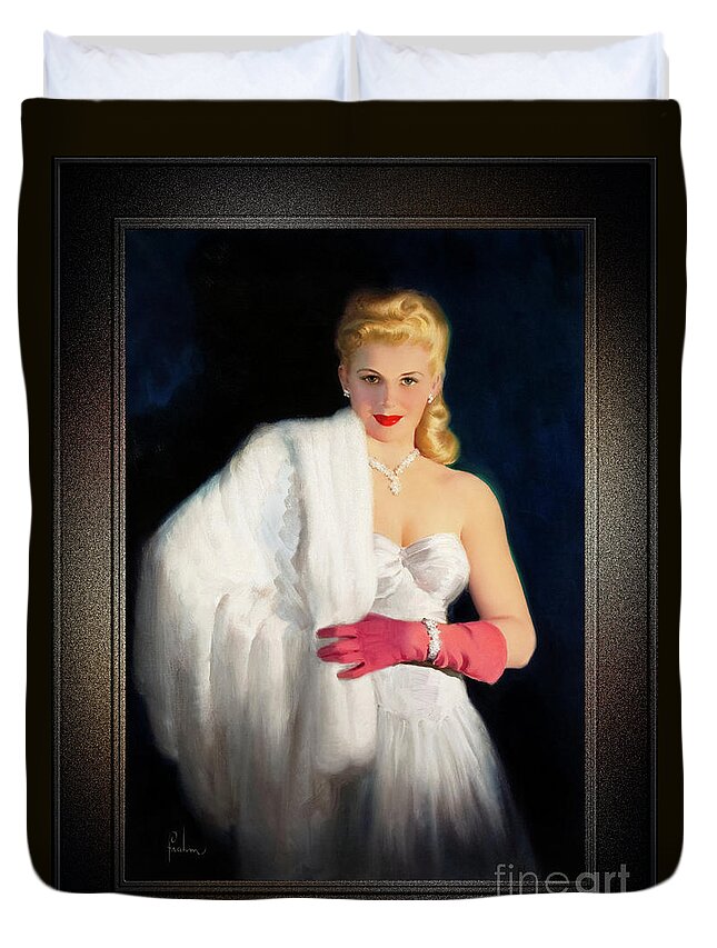 Blonde Duvet Cover featuring the painting White Mink and Diamonds by Art Frahm Sophisticated Pin-Up Girl Vintage Artwork by Rolando Burbon