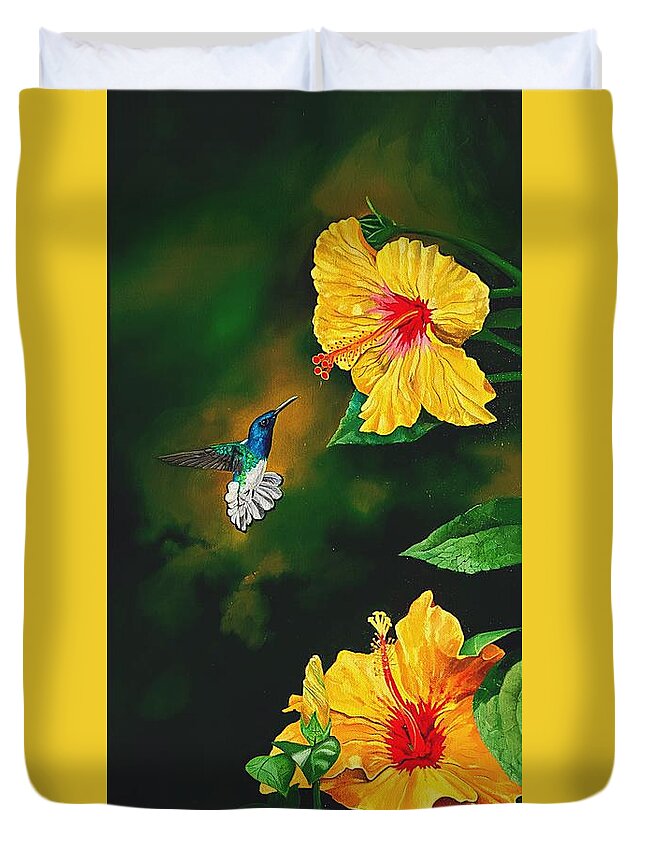 Birds Duvet Cover featuring the painting White Necked Jacobin and Yellow Hibiscus by Dana Newman