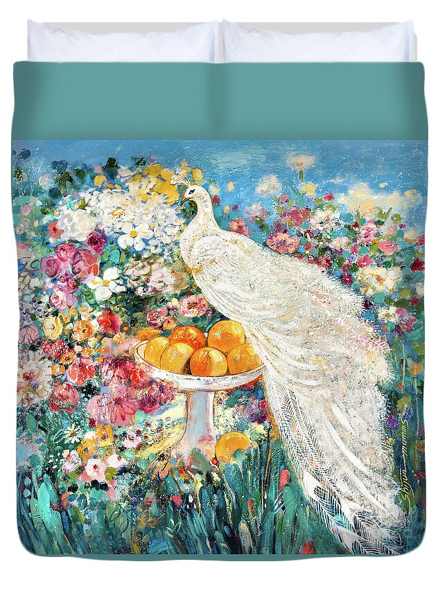 Peacock Duvet Cover featuring the painting White Peacock by Shijun Munns