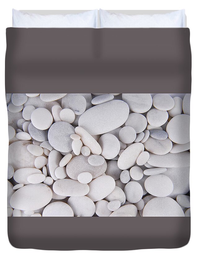 Stone Duvet Cover featuring the photograph White Pebbles Stones Background by Severija Kirilovaite