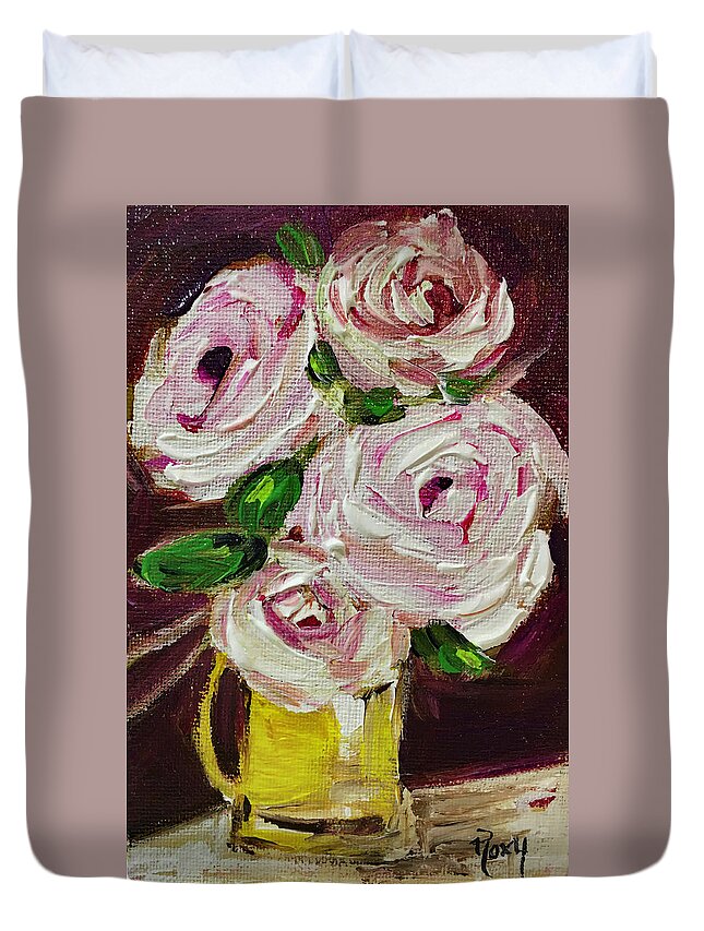 Roses Duvet Cover featuring the painting White Roses in a Yellow Pitcher by Roxy Rich