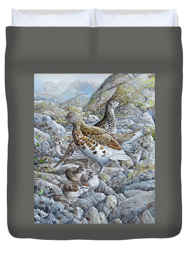 White-tailed Ptarmigan Duvet Cover featuring the painting White-tailed Ptarmigan by Barry Kent MacKay