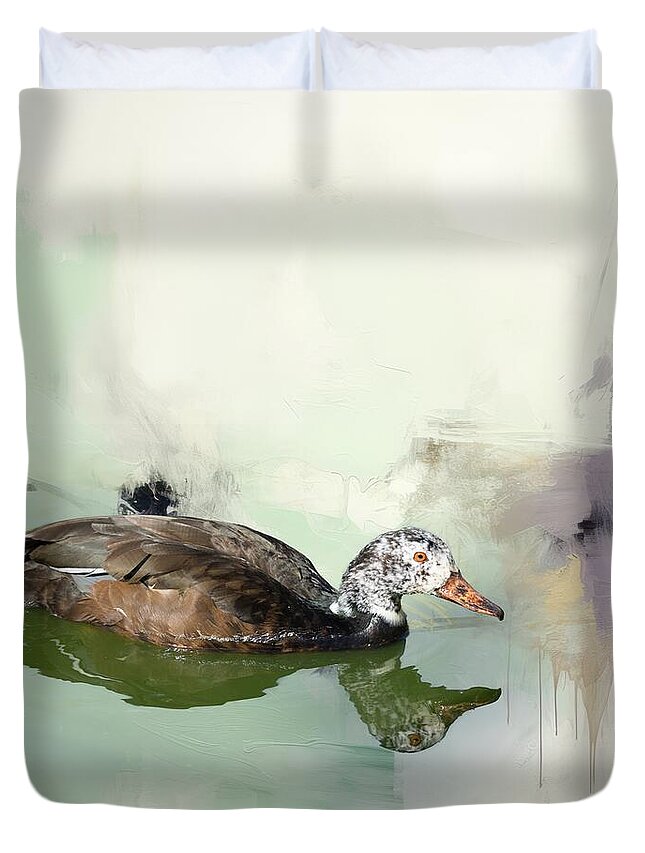Duck Duvet Cover featuring the mixed media White-Winged Duck by Eva Lechner