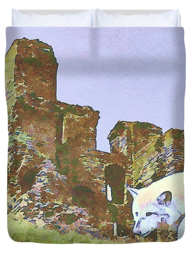 White Wolf Duvet Cover featuring the mixed media White Wolves and Castle Ruins Watercolor Painting by Shelli Fitzpatrick