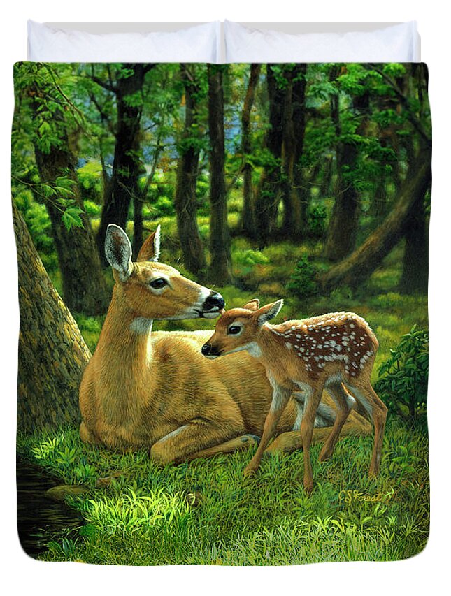 Deer Duvet Cover featuring the painting Whitetail Deer - First Spring by Crista Forest