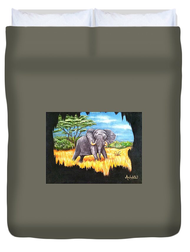 Elephant In It's Habitat Being Watched From A Distance Duvet Cover featuring the painting Who's Watching Who? by Ruben Archuleta - Art Gallery