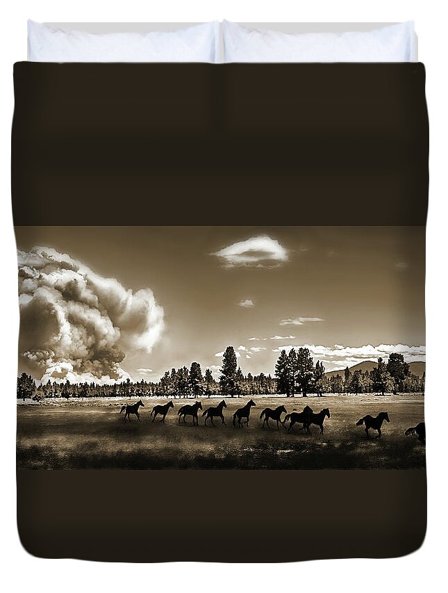 Fire Duvet Cover featuring the photograph Wild Horse Fire, Sepia by Don Schimmel