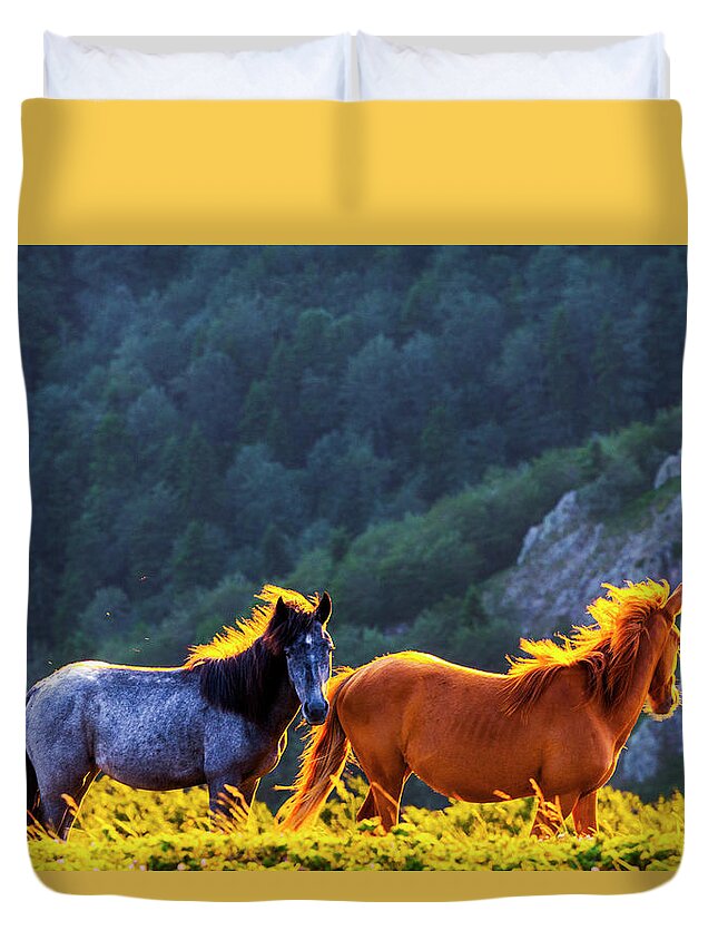 Balkan Mountains Duvet Cover featuring the photograph Wild Horses by Evgeni Dinev