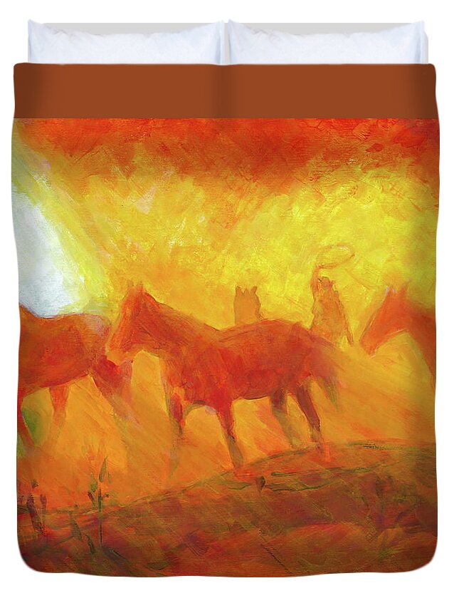 Mustang Roundup Duvet Cover featuring the painting Wild Mustangs Roundup by Thomas Bertram POOLE