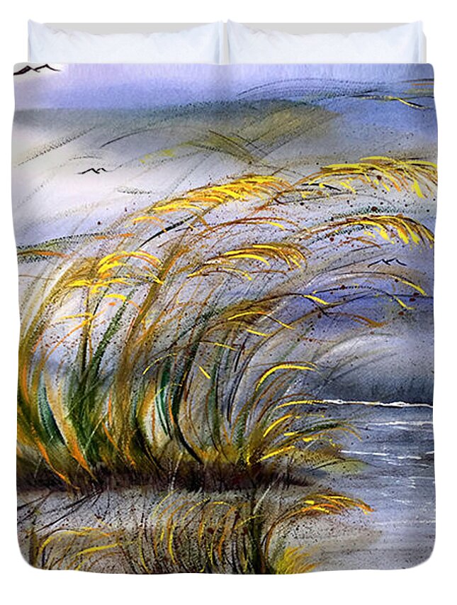 Watercolor Duvet Cover featuring the painting Wild Sea Oats on Outer Banks of North Carolina by Catherine Ludwig Donleycott
