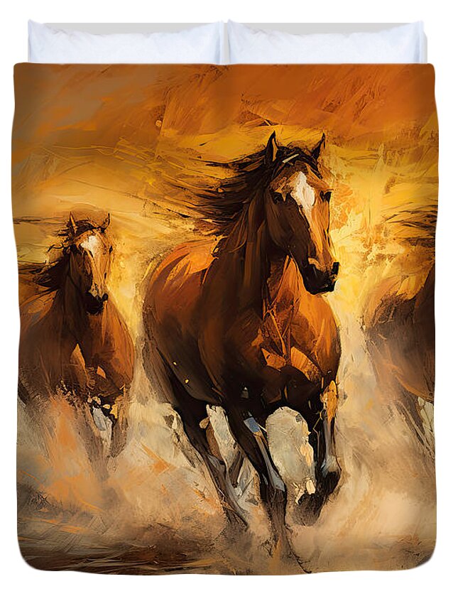 Horse Impressionist Duvet Cover featuring the painting Wild Sunset - Horses at Sunset by Lourry Legarde
