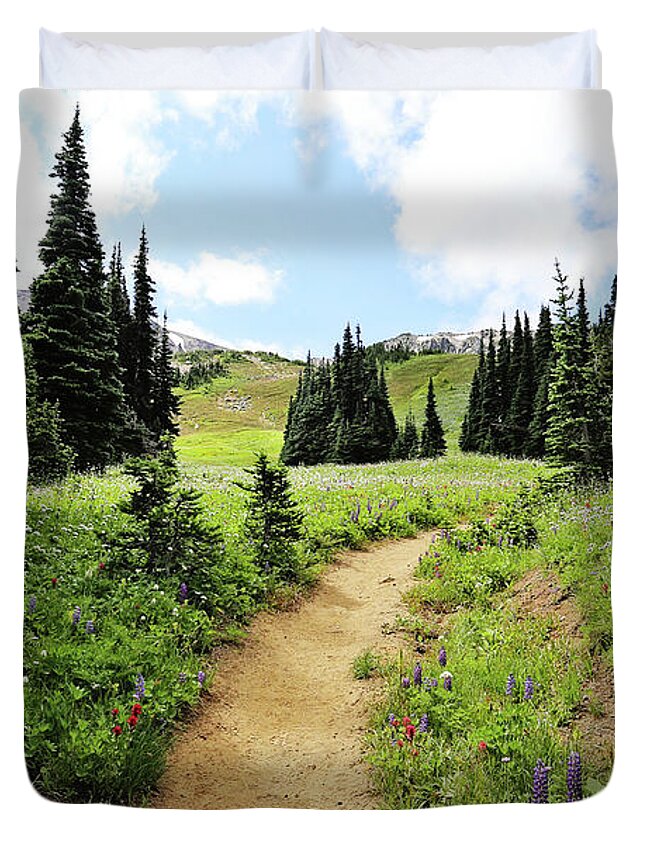 Rainier Duvet Cover featuring the photograph wildflower meadow at Mt. Rainier by Sylvia Cook