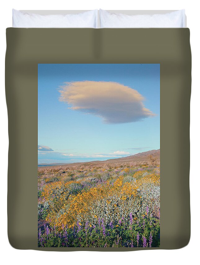 Joshua Tree National Park Duvet Cover featuring the photograph Wildflowers and Lenticular Cloud at Joshua Tree National Park, California by Ram Vasudev