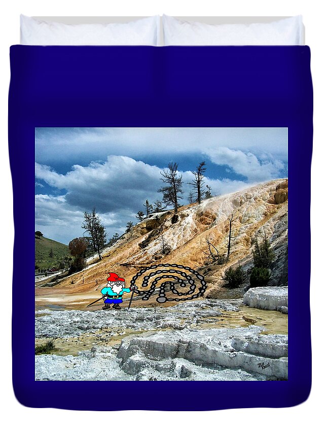 Gnome Duvet Cover featuring the digital art Will the Wandering Gnome Explores Yellowstone Part 1 - Gnome Art - Eco Art by Bill Ressl