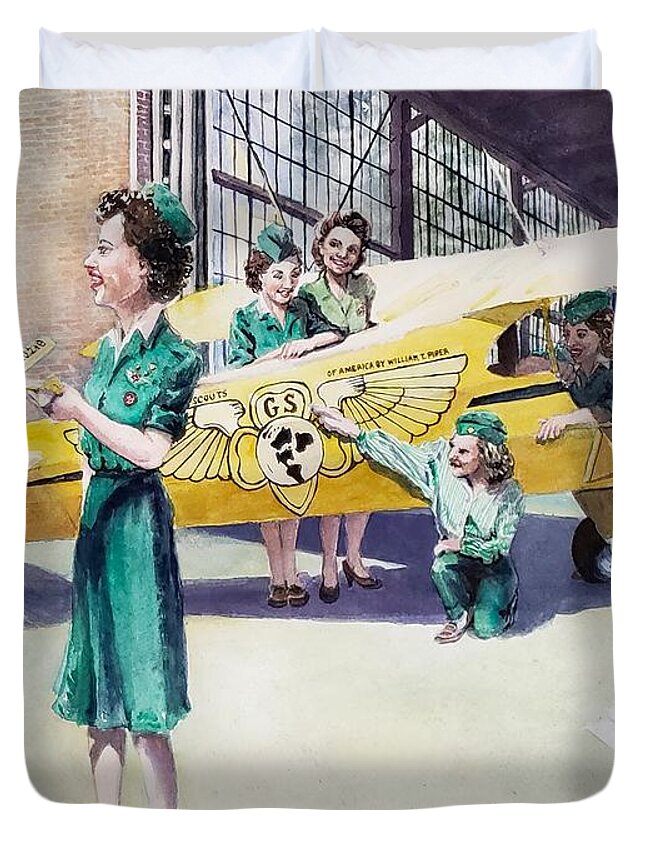 Aviation Duvet Cover featuring the painting William Piper and the Wing Scouts by Merana Cadorette