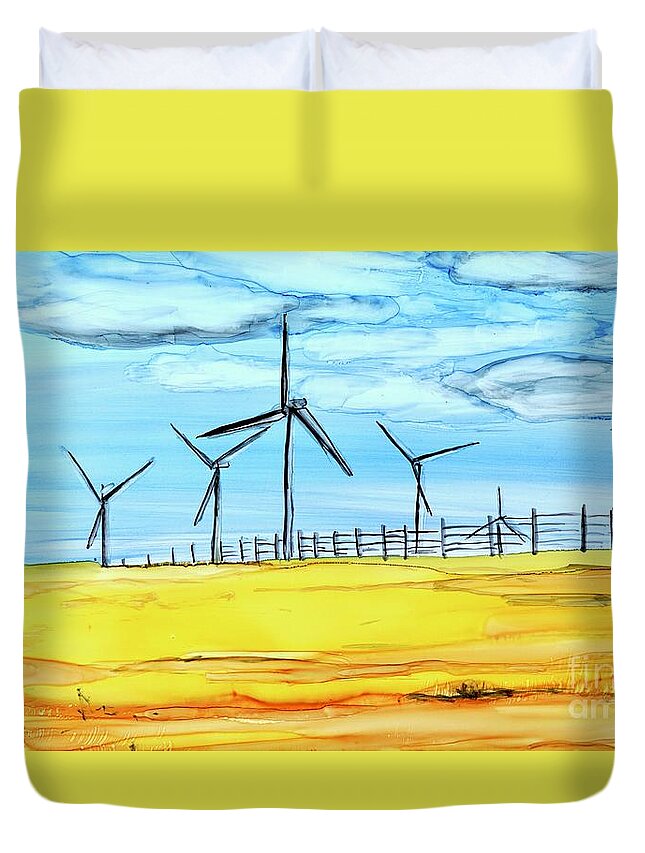Wind Farm Duvet Cover featuring the painting Wind Farm Horizontal by Patty Donoghue