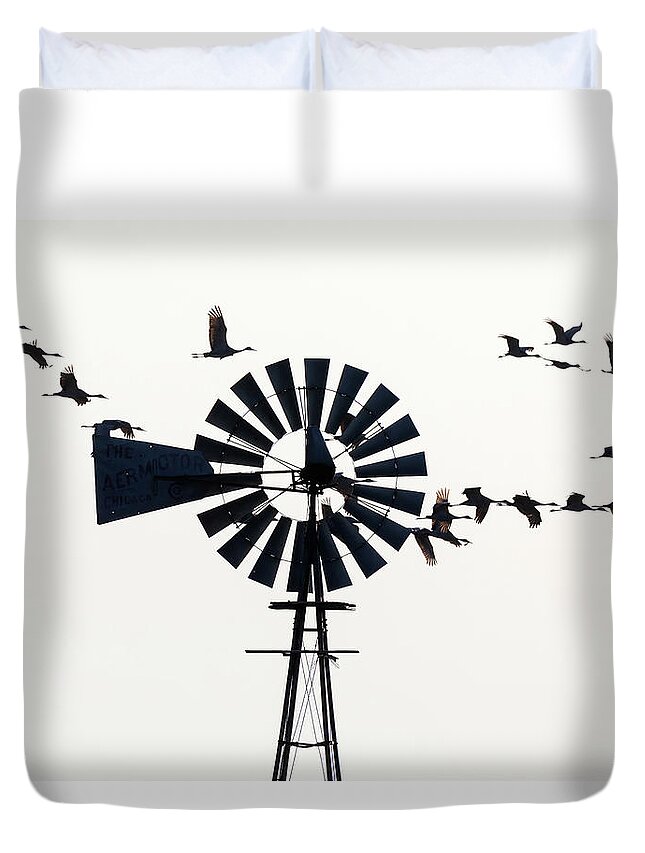 Sandhill Cranes Duvet Cover featuring the photograph Windmills and Sandhill Cranes by Susan Rissi Tregoning