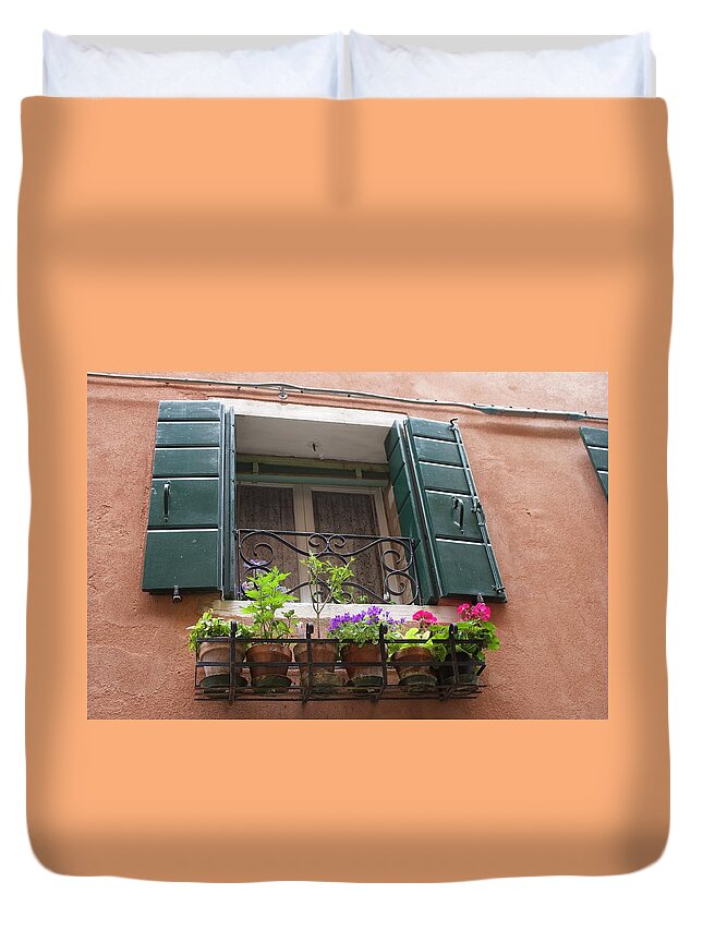 Window Duvet Cover featuring the photograph Window and flowers - Venice by Yvonne M Smith
