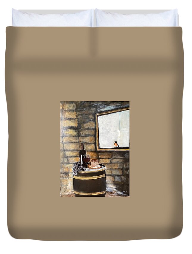 Wine Duvet Cover featuring the painting Wine Barrel and Bird by Denice Palanuk Wilson
