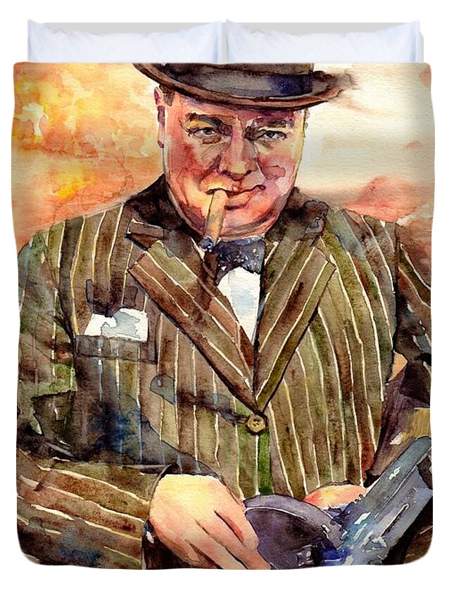 Winston Churchill Duvet Cover featuring the painting Winston Churchill With A Tommy Gun by Suzann Sines