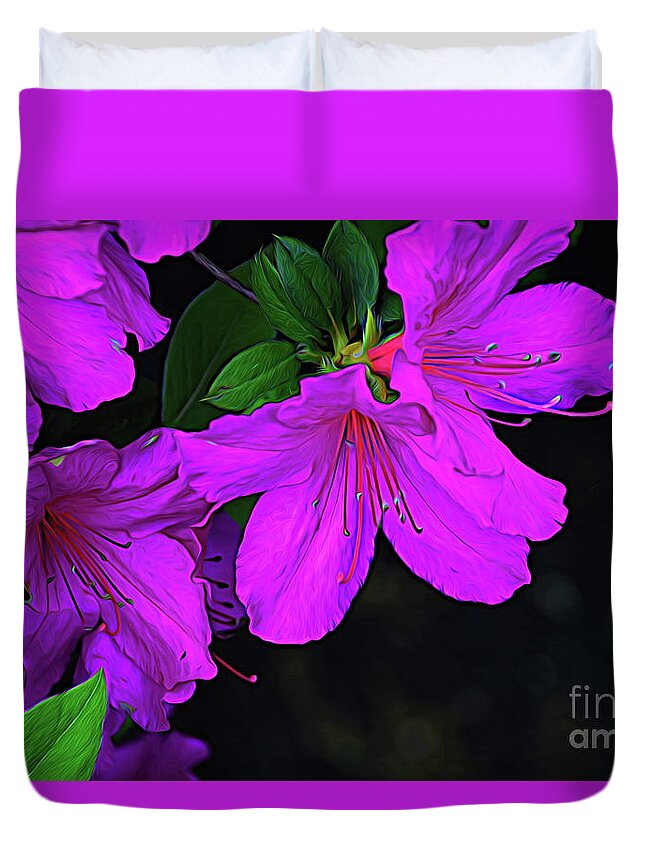 Winter Duvet Cover featuring the photograph Winter Azaleas in Ink by Diana Mary Sharpton