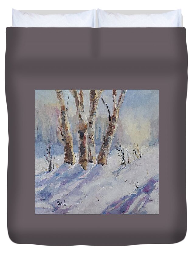 Landscape Duvet Cover featuring the painting Winter Birches by Sheila Romard