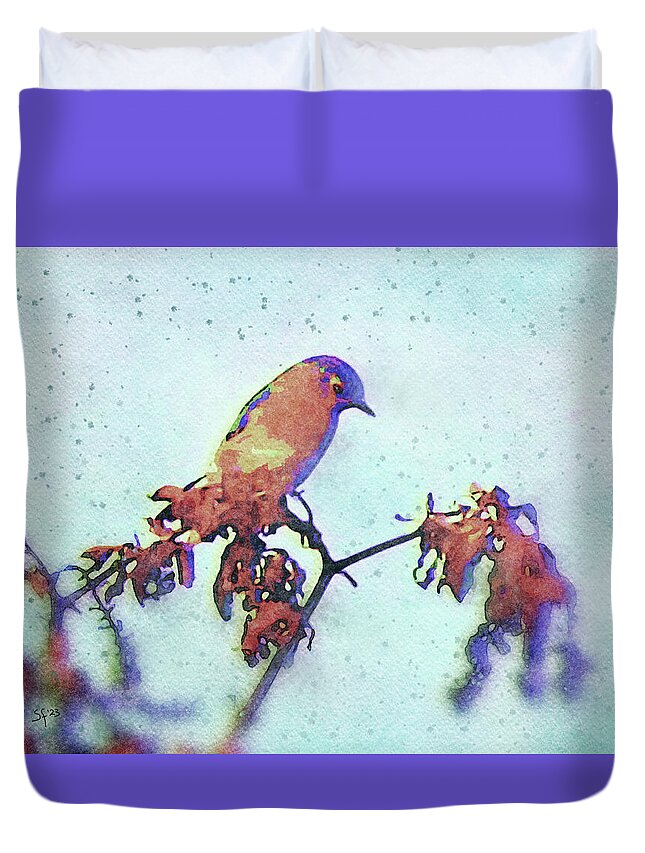 Bluebird Duvet Cover featuring the mixed media Winter Bluebird on a Branch by Shelli Fitzpatrick
