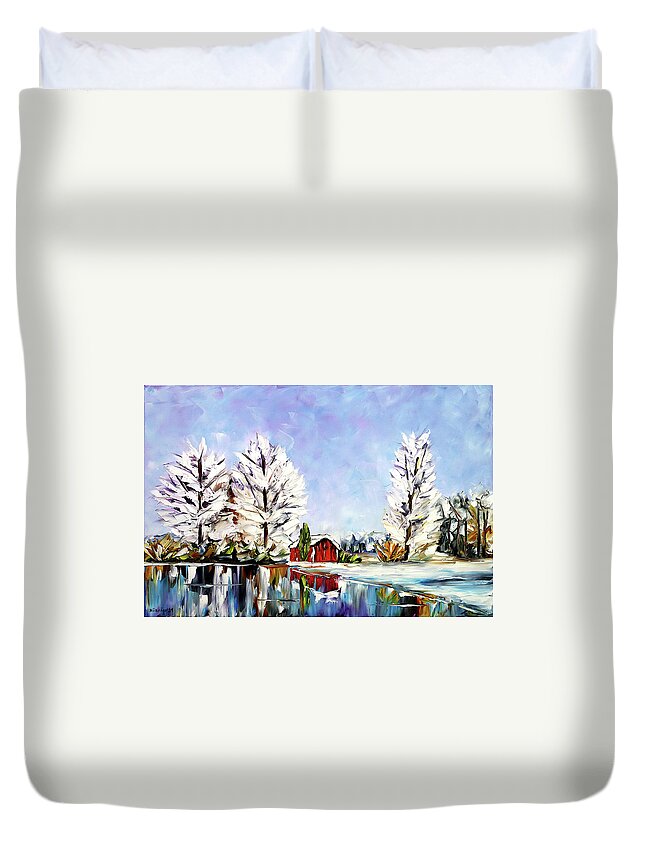 Lakescape Duvet Cover featuring the painting Winter By The Lake by Mirek Kuzniar