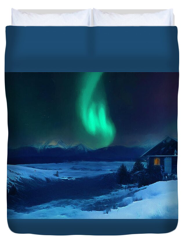 Winter Cabin Mountain Aurora Duvet Cover featuring the painting Winter Cabin Mountain Aurora by Dan Sproul