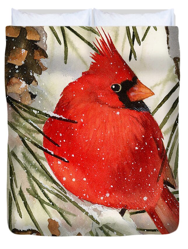 Cardinal Duvet Cover featuring the painting Winter Cardinal by Espero Art