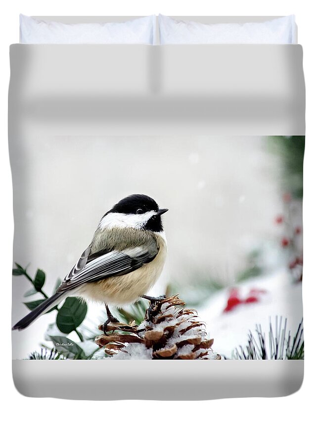 Chickadee Duvet Cover featuring the photograph Winter Chickadee by Christina Rollo