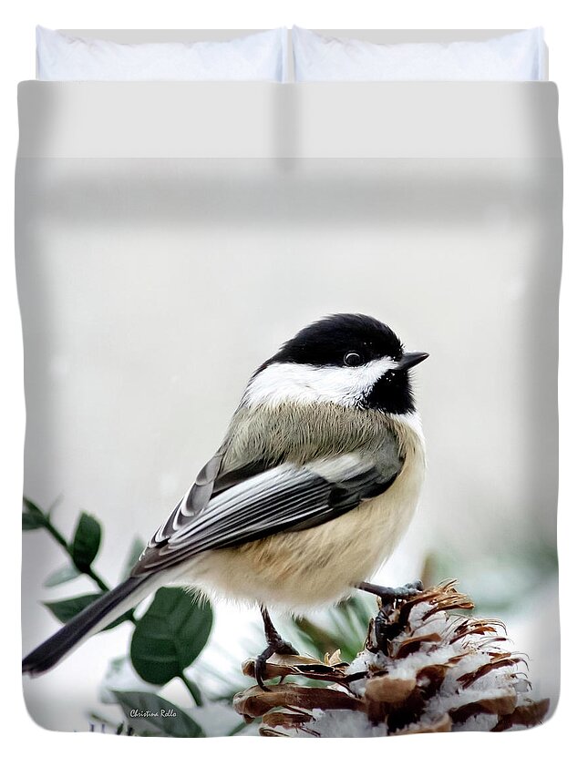 Winter Duvet Cover featuring the photograph Winter Chickadee Square by Christina Rollo