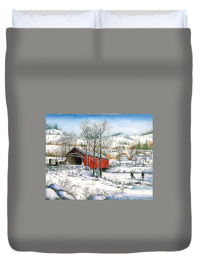 Covered Bridge Duvet Cover featuring the painting Winter Crossing by Diane Phalen