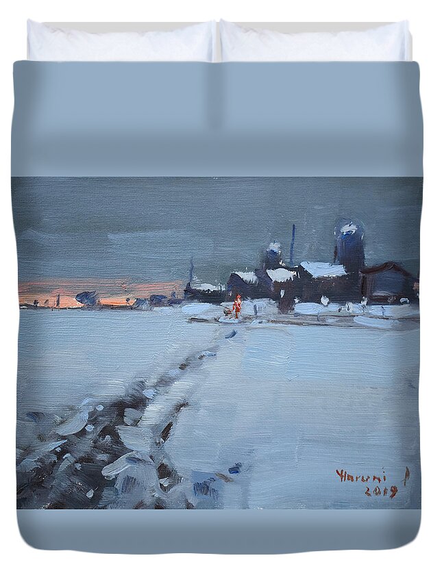 Farm Duvet Cover featuring the painting Winter Evening at the Farm by Ylli Haruni