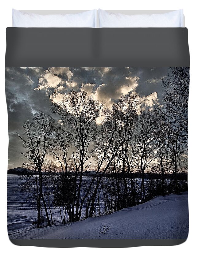 Winter Duvet Cover featuring the photograph Winter Lake Clouds View West by Russel Considine