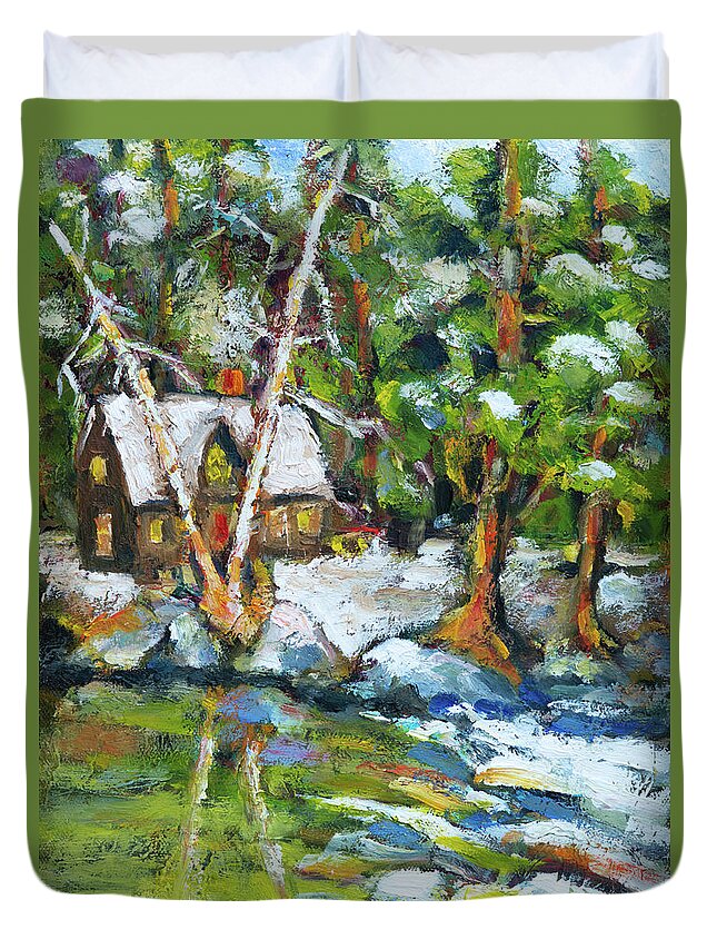 Landscape Duvet Cover featuring the painting Winter Retreat by Mike Bergen