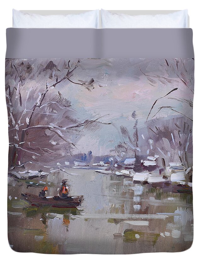 Lasalle Canal Duvet Cover featuring the painting Winter Scene in LaSalle Canal by Ylli Haruni