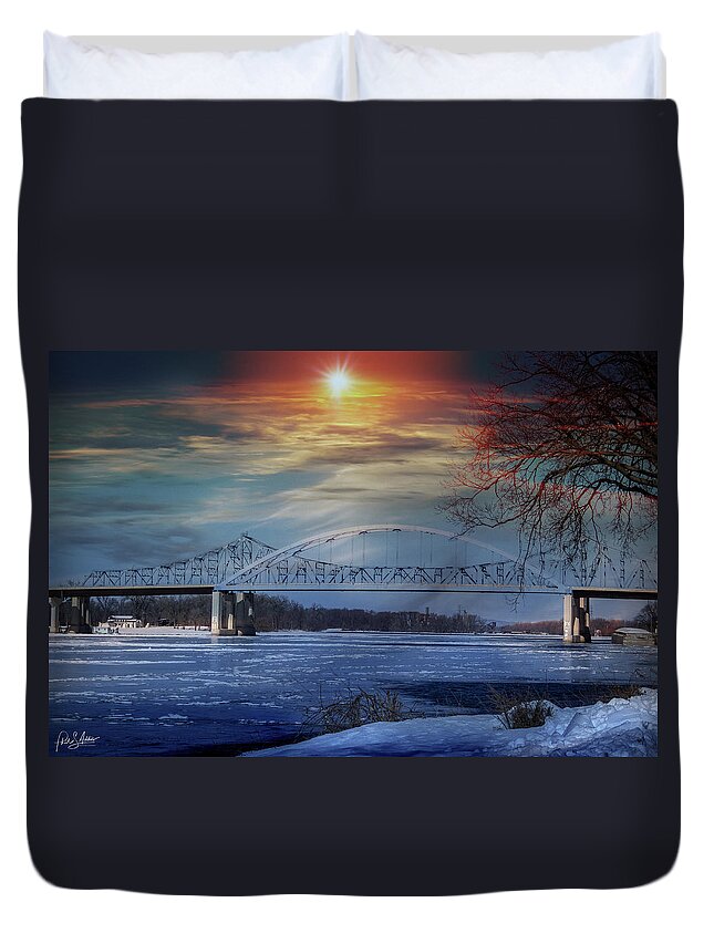 Bridge Duvet Cover featuring the photograph Winter Sun Over Bridge by Phil S Addis